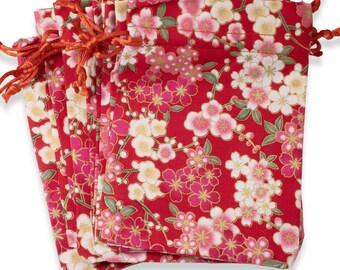 10 Red Floral Fabric Drawstring Bags - Pouches for Jewelry - Party Gift Bags - Packaging for Small Items - Stylish Merchandising Bags