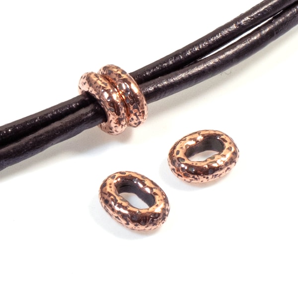4 Copper Distressed Oval Beads, TierraCast Leather Cord Pewter Beads for Wrap Bracelets, Beads for Leather Jewelry Making