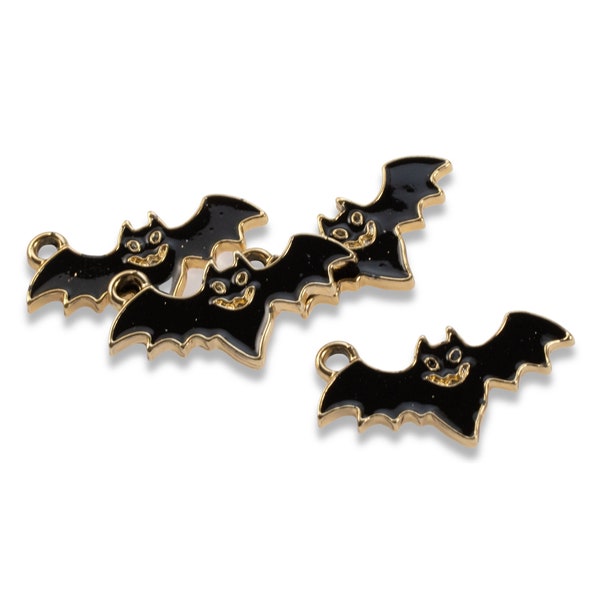 10 Black Enamel Flying Bat Charms, Perfect for Halloween & Gothic Crafting