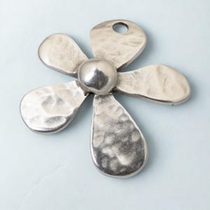 Large hammered silver-plated flower pendant, 35mm European charm with distressed metal for bohemian jewelry making.