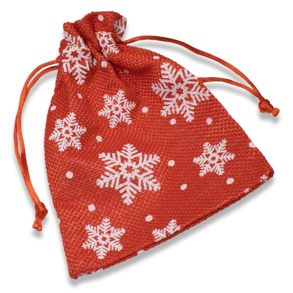 5 Snowflake Fabric Drawstring Bags, Rustic Christmas Cloth Pouches for Gift Wrapping and Party Favors, Eco-friendly Reusable Bags