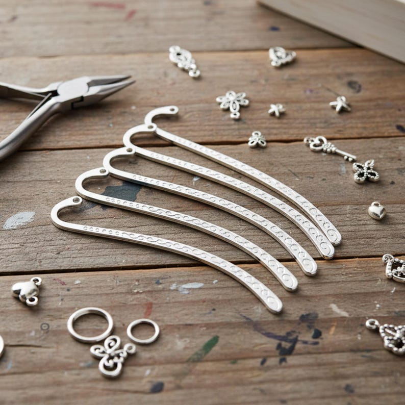 Hook Bookmark Blanks Mini Silver Metal Findings Tibetan Swirl Design Pattern Base 10 Pack Craft Supply DIY Wedding Favor Components Zinc Alloy Metal Base Petite Charm Findings Embellishment Ready Handmade Project Assembly Decorative Jewelry