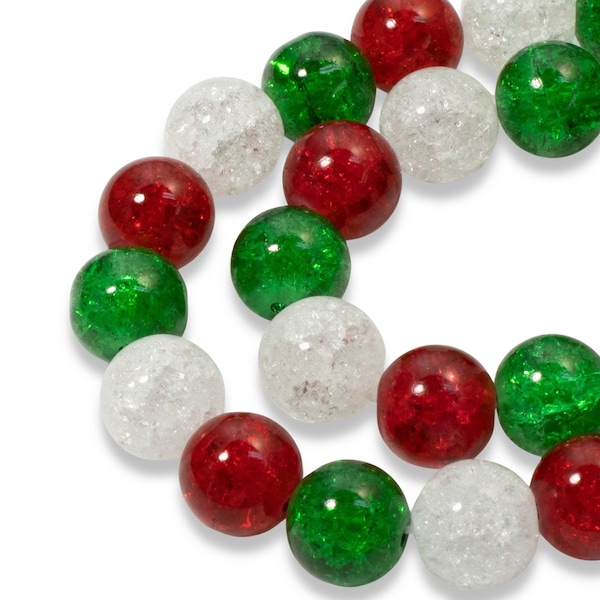 30/Pkg 10mm Red, Green & Clear Crackle Glass Beads | Christmas Bead Mix for Holiday Jewelry and Crafts