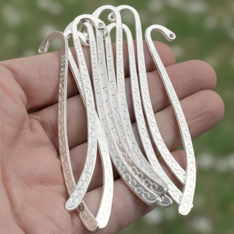 Mini Bookmark Blanks Silver Tone Metal Hook Design Tibetan Style Swirl Pattern Base 10 Pack Craft Supply Set DIY Project Components Wedding Favor Making Embellishment Ready Charm Base Assembly Petite Size Decorative Findings Handmade