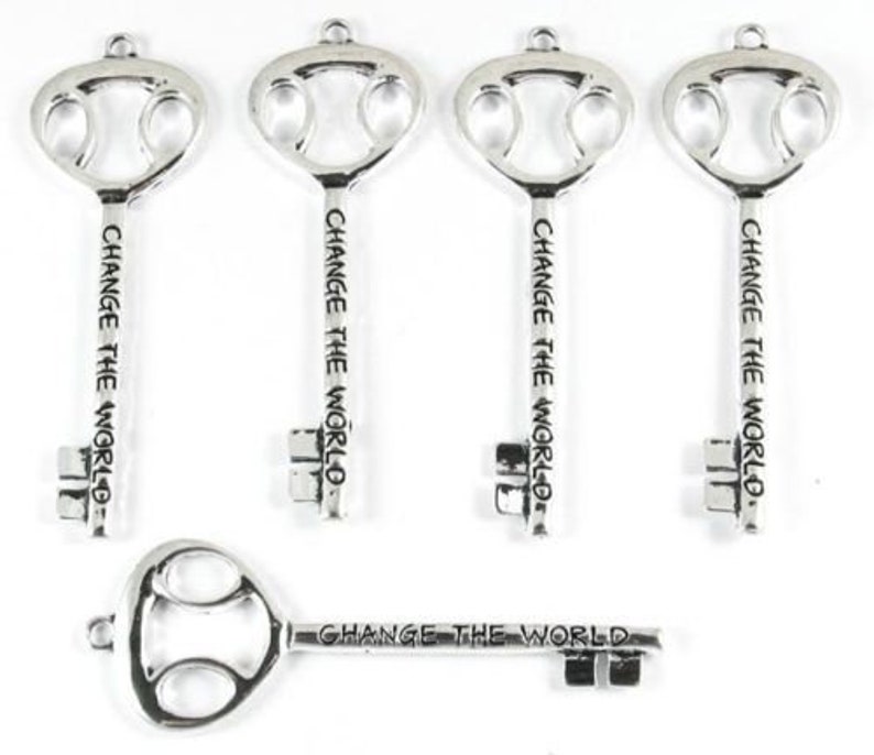 5 Pcs Metal Pendants-Silver Change The World Key 25x73mm