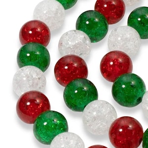 Glass Crackle Christmas Beads, 10mm Red Green Clear Mix, Holiday Jewelry Making, DIY Craft Beads, 30 Pack Festive Bead Set