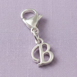 Silver Cursive Letter B Clip On Charm: Script Initial Dangle Lobster Clasp Personalized Journal Bracelet