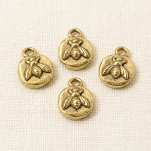 Tiny Bee Charms, 24K Gold Plated Pewter, Antique Finish Pendant 4-Pack