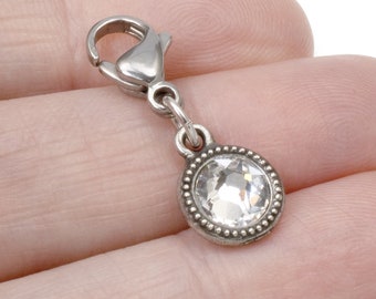 April Birthstone Clip-On Charm, Clear Crystal with Clip-On Design and Lobster Clasp, Unique Present for Birthday, Small Gift Idea