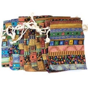 10 Ethnic Earthy Drawstring Fabric Pouches, Bohemian Cloth Bags, Reusable 4&quot;x5&quot;