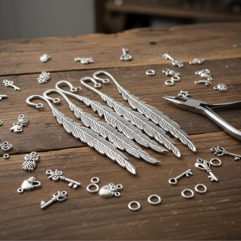 Silver feather bookmarks with engraved details and curved hooks; zinc alloy metal, DIY bookmark kit 5-pack.