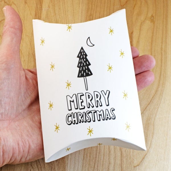 5Pc Merry Christmas Kraft Pillow Boxes, Paper Gift Box Ideal for Trinkets, Candy, and Stocking Stuffers, Easy Assembly