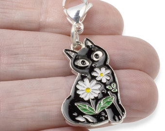 Black Cat Clip-On Charm - Daisy Cat Bag Charm - Zipper Pull - Cat Lover Accessory - Ideal Cat-Themed Gift