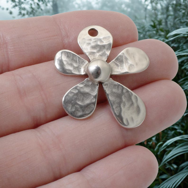 Large hammered silver-plated flower pendant, 35mm European charm with distressed metal for bohemian jewelry making.