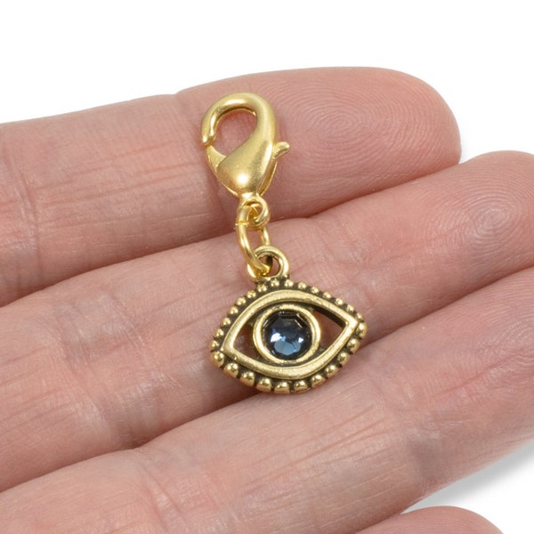 Evil Eye Clip on Charm, Gold + Blue European Crystal & Lobster Clasp, Purse Keychain Badge Backpack Journal Accessory for Godd Luck