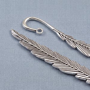 Silver feather bookmarks with engraved details and curved hooks; zinc alloy metal, DIY bookmark kit 5-pack.