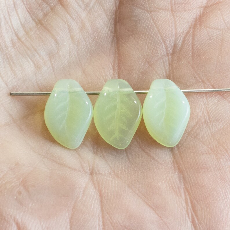 25 Light Mint Green Opal Leaf Beads, Czech Glass Nature Leaves image 1