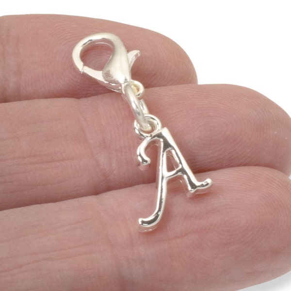 Letter "A" Clip-On Charm - Silver Bag Charm - Initial Charm with Lobster Clasp - Initial Pendant - Easy Attachment to Jewelry or Keychain