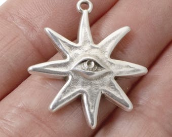 Star Eye Pendant, Silver Astronomy Charm, Celestial Jewelry Making Supply, Mystical Star Pendant, 28mm, 2-Pack