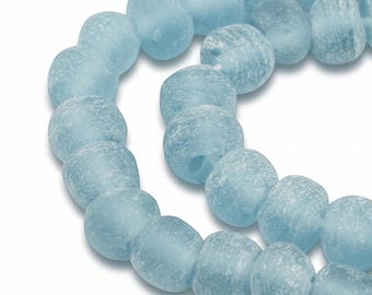 Blue Green Recycled Glass Beads: Matte Frosted Rough Round 50 Beads Coastal Boho