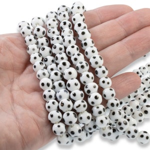 White & Black Polka Dot Beads - 8mm Dotted Glass Beads - Handmade Lampwork Beads - Jewelry Making Supplies
