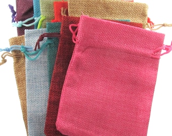 10 Burlap-Style Fabric Drawstring Bags - Assorted Colors - Rustic Cloth Pouches