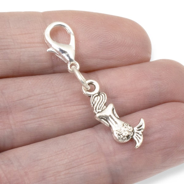 Mermaid Clip on Charm, Silver Beach Ocean Dangle + Lobster Clasp, Purse Keychain Badge Backpack Journal Accessory, Shoe Roller Skate Charm