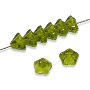 25 Bell Flower Beads - Olive Green - Czech Glass - 6x8mm - Small Glass Flowers - For Handmade Jewelry - Craft Supplies