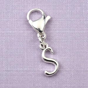 Silver Cursive Letter S Clip On Charm: Script Initial Dangle Lobster Clasp Personalized Journal Bracelet