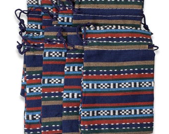 10 Striped Ethnic Style Fabric Drawstring Bags - Merchandise or Gift Pouches