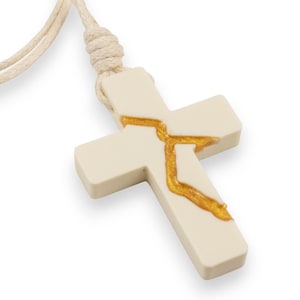 Ivory Kintsugi Cross Necklace, Inspirational Wearable Art, Handmade Pendant, Meaningful Gift, Japanese Philosophy Jewelry