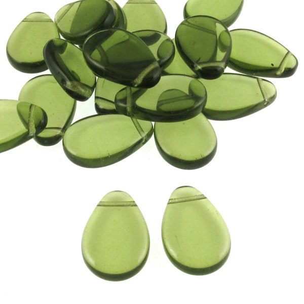 Olive Green Flat Teardrop Beads, Czech Glass Pear Shaped Beads 25/Pkg