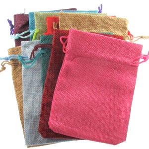 Set of 10 Burlap-Style Drawstring Bags in Assorted Colors - Rustic Small Gift Pouches