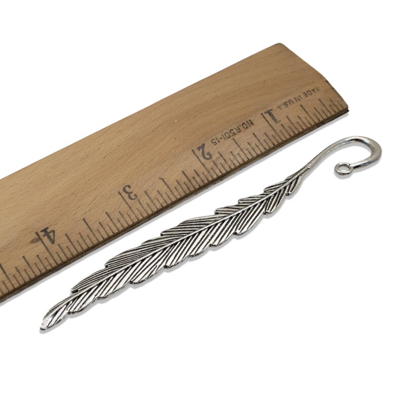 Silver feather bookmarks with engraved details and curved hooks; zinc alloy metal, DIY bookmark kit 5-pack.
