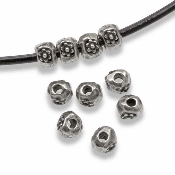 10 Pewter Flower Nugget Beads, TierraCast Dark Silver Large Hole Spacers for DIY Handmade Leather Jewelry, Wrap Bracelets