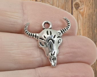 Silver Cow Skull Charms: Western Longhorn Bull Steer Skeleton Jewelry 15-Pack