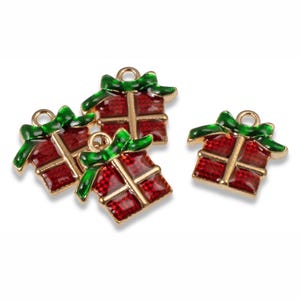 10 Christmas Present Charms - Enamel Holiday Wrapped Gift Pendants - DIY Jewelry Making Supplies - Christmas Wrapping Accessory