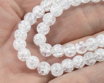 6mm Clear Snowy White Round Glass Crackle Beads, 68pcs/15" Strand