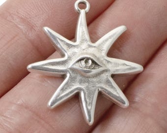 Star Eye Pendant, Silver Astronomy Charm, Celestial Jewelry Making Supply, Mystical Star Pendant, 28mm, 2-Pack