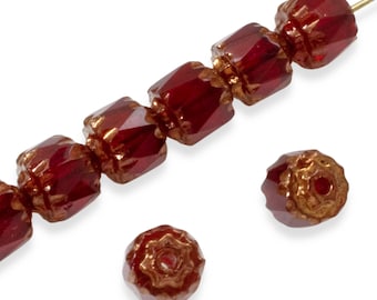 25 Faceted 6mm Crown Cathedral Beads - Garnet Red + Bronze Ends - Czech Glass - Perfect for Bracelets, Necklaces, and Rosaries