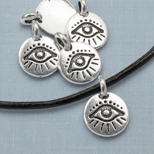 Silver Evil Eye Charms, Mini Protection Symbol Pendants Opposed Loop for Leather Cord, 5-Pack DIY Craft Supply Macrame Boho Talisman