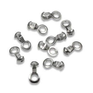 May include: Silver-toned metal clasps with a loop on one end and a small ball on the other end. The clasps are designed for attaching jewelry or other items.