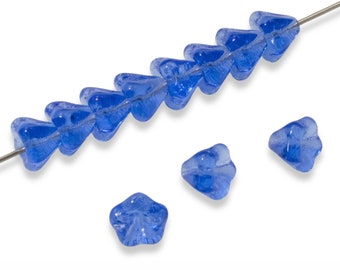 50 Baby Bell Flower Beads - Sapphire Blue - Czech Glass - 4x6mm Small Flowers - Jewelry Making - Craft Supplies