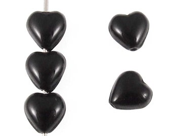 6mm Jet Black Czech Glass Heart Shaped Beads (50 Pieces)