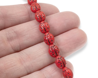 Red Ladybug Czech Glass Beads, 21Pcs 7x9mm Oval Shape, Whimsical Jewelry Supply