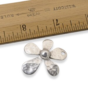 Large hammered silver-plated flower pendant, 35mm European charm with distressed metal for bohemian jewelry making.