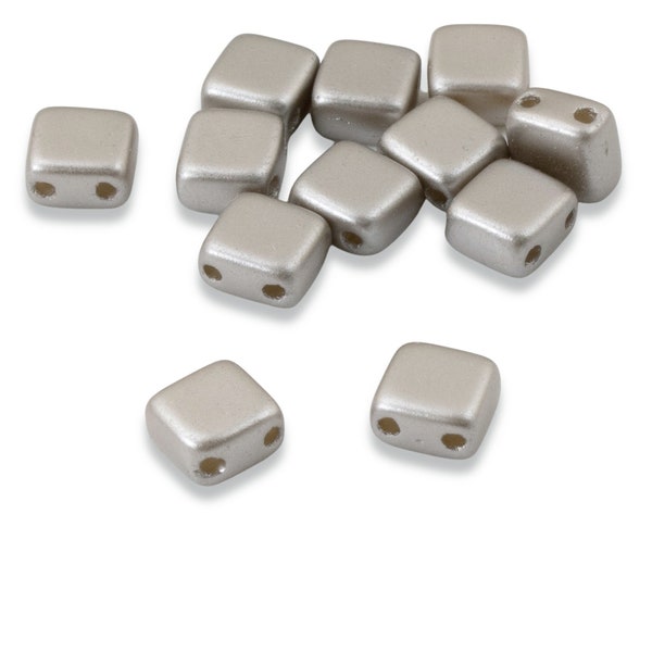 50 Cocoa Airy Pearl Tile Mini Beads, 5mm Square 2-Hole Czech Glass Beads, Silvery Brown Beads for Geometric Beading and Jewelry Making