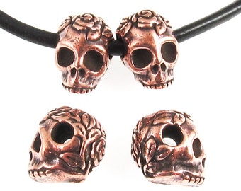 4 Copper Rose Skull Beads, Side Drilled, Large Hole, Intricate Design Perfect for Jewelry Making and Crafts