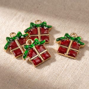 Christmas Present Charms: Enamel Gold Plated Gift Box for Holiday Jewelry 10Pcs