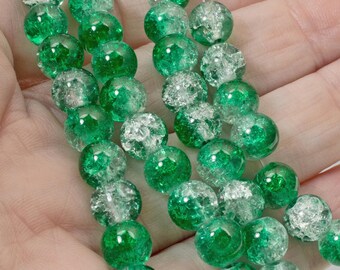 Christmas Green Clear Beads 50-Pack, 8mm Emerald Crackle Glass, Holiday Jewelry DIY, Two-Tone Festive Christmas Crafts